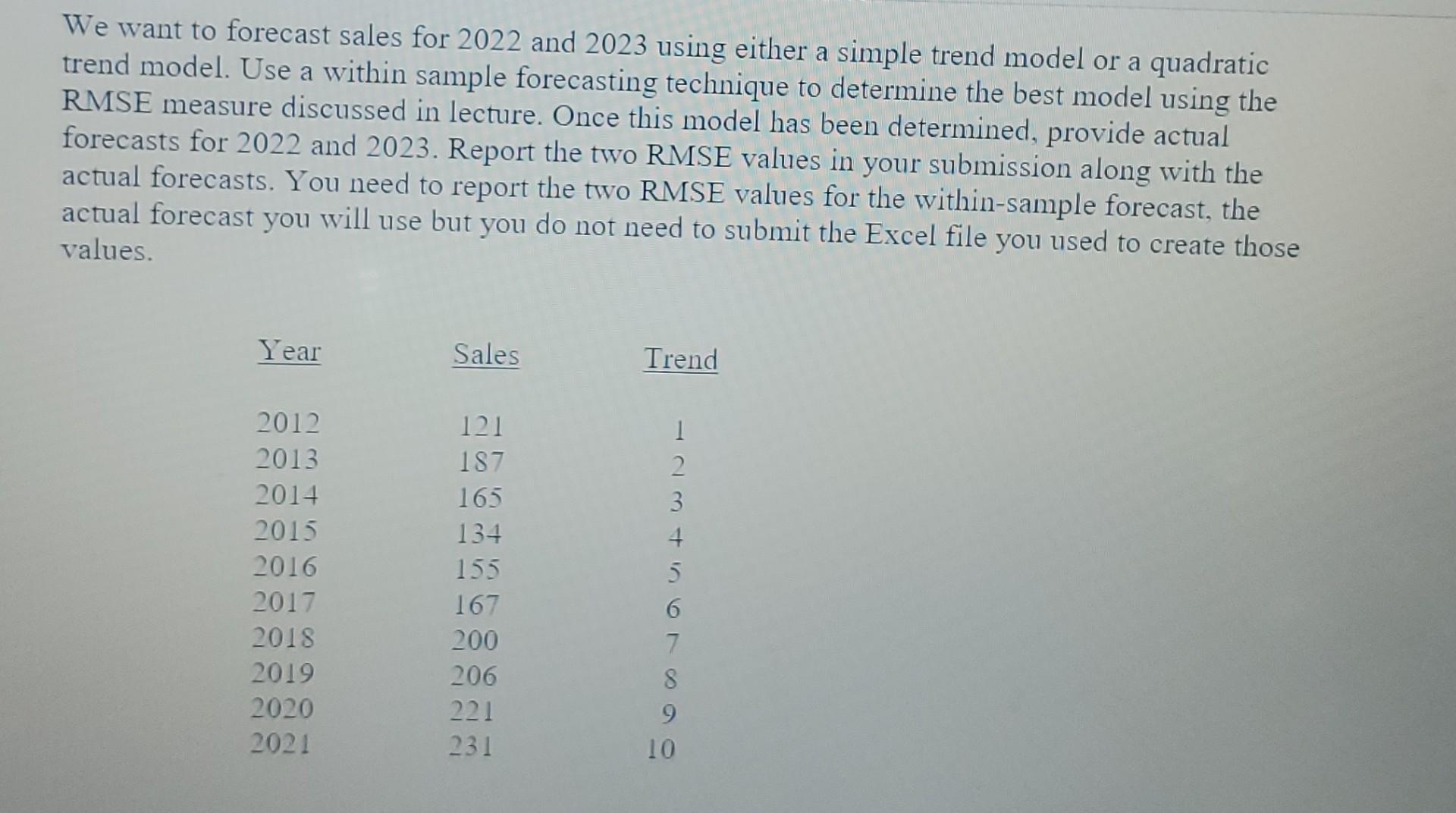 A We Want To Forecast Sales For 2022 And 2023 Using Either A Simple Trend Model Or A Quadratic Trend Model Use A Within 1