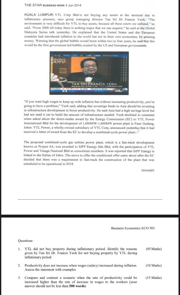 The Star Business News 4 Jun 2014 Kuala Lumpur Ytl Corp Bhd Is Not Buying Any Assets At The Moment Due To Inflationary 1
