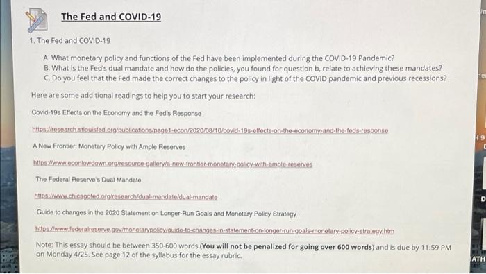 The Fed And Covid 19 He 1 The Fed And Covid 19 A What Monetary Policy And Functions Of The Fed Have Been Implemented D 1