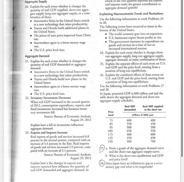 Aggregate Supply 20 Explain For Each Event Whether It Changes The Quantity Of Real Gdp Supplied Short Run Aggre Gate 1