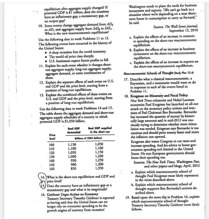 Aggregate Supply 20 Explain For Each Event Whether It Changes The Quantity Of Real Gdp Supplied Short Run Aggre Gate 2