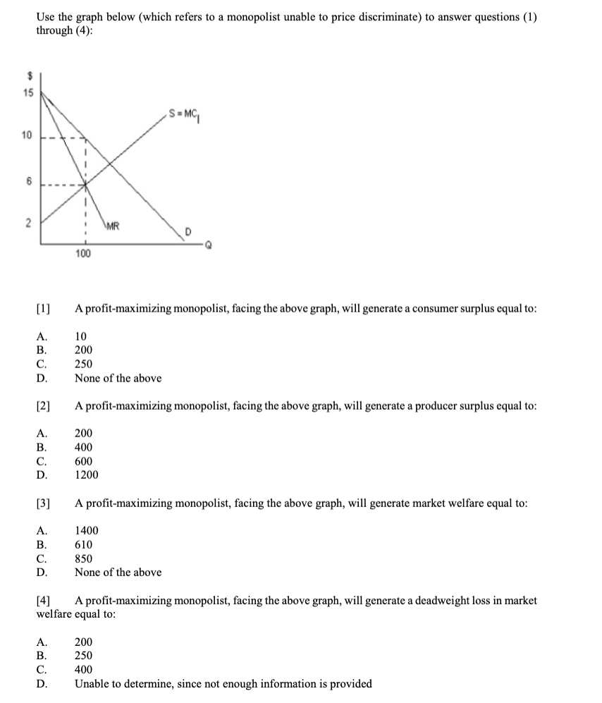 Use The Graph Below Which Refers To A Monopolist Unable To Price Discriminate To Answer Questions 1 Through 4 1 1
