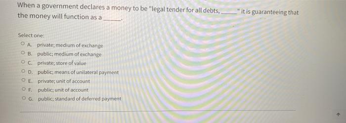 When A Government Declares A Money To Be Legal Tender For All Debts The Money Will Function As A It Is Guaranteeing Th 1