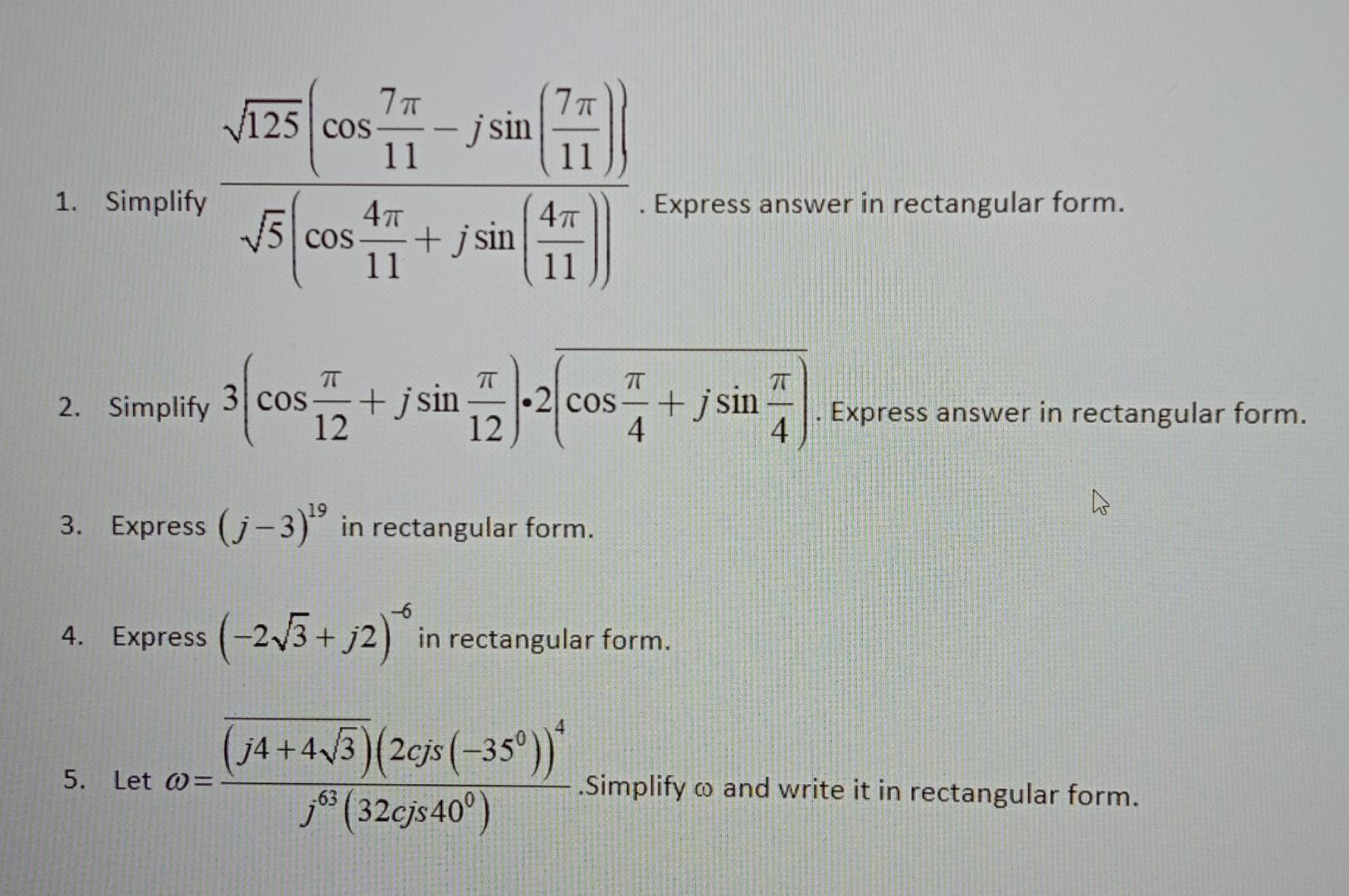 Please Answer 1 5 In Rectangular Form 1