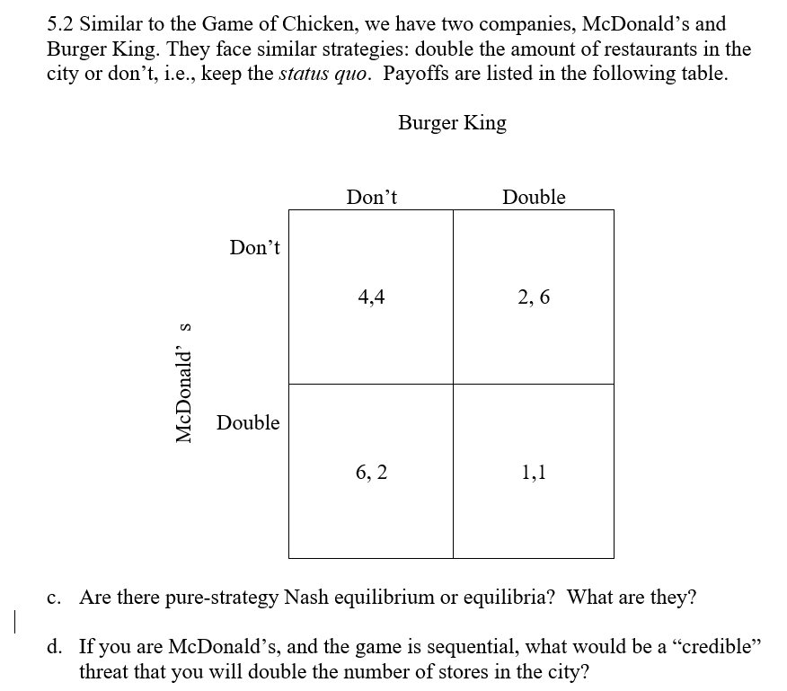 5 2 Similar To The Game Of Chicken We Have Two Companies Mcdonald S And Burger King They Face Similar Strategies Dou 1