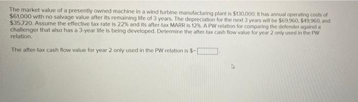 The Market Value Of A Presently Owned Machine In A Wind Turbine Manufacturing Plant Is 130 000 It Has Annual Operating 1