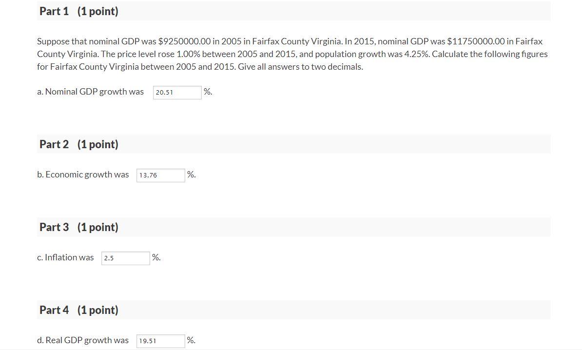 Part 1 1 Point Suppose That Nominal Gdp Was 9250000 00 In 2005 In Fairfax County Virginia In 2015 Nominal Gdp Was 1