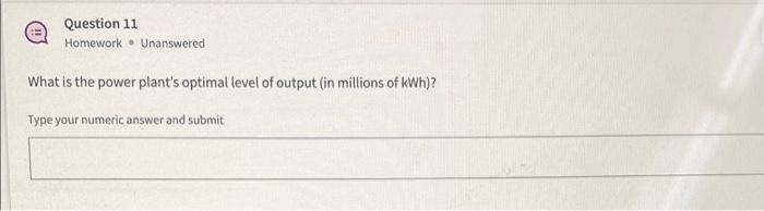Question 11 Homework Unanswered What Is The Power Plant S Optimal Level Of Output In Millions Of Kwh Type Your Numer 1