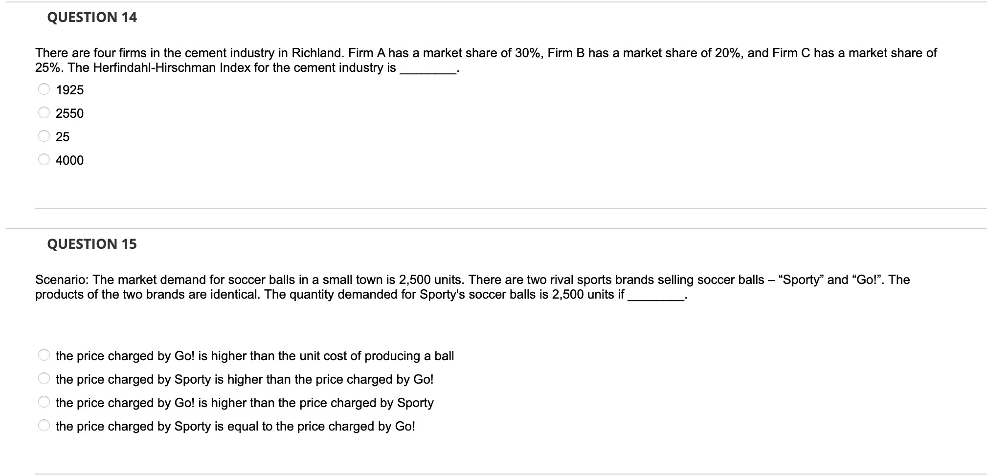Question 14 There Are Four Firms In The Cement Industry In Richland Firm A Has A Market Share Of 30 Firm B Has A Mark 1
