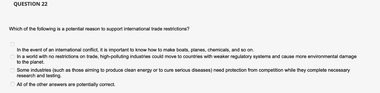 Question 22 Which Of The Following Is A Potential Reason To Support International Trade Restrictions In The Event Of An 1