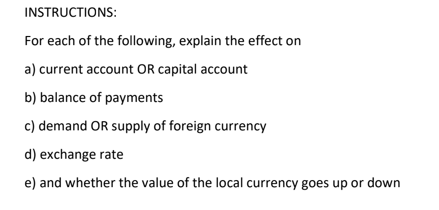 Instructions For Each Of The Following Explain The Effect On A Current Account Or Capital Account B Balance Of Payme 1
