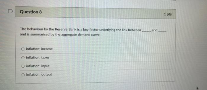 Question 8 1 Pts And The Behaviour By The Reserve Bank Is A Key Factor Underlying The Link Between And Is Summarised By 1