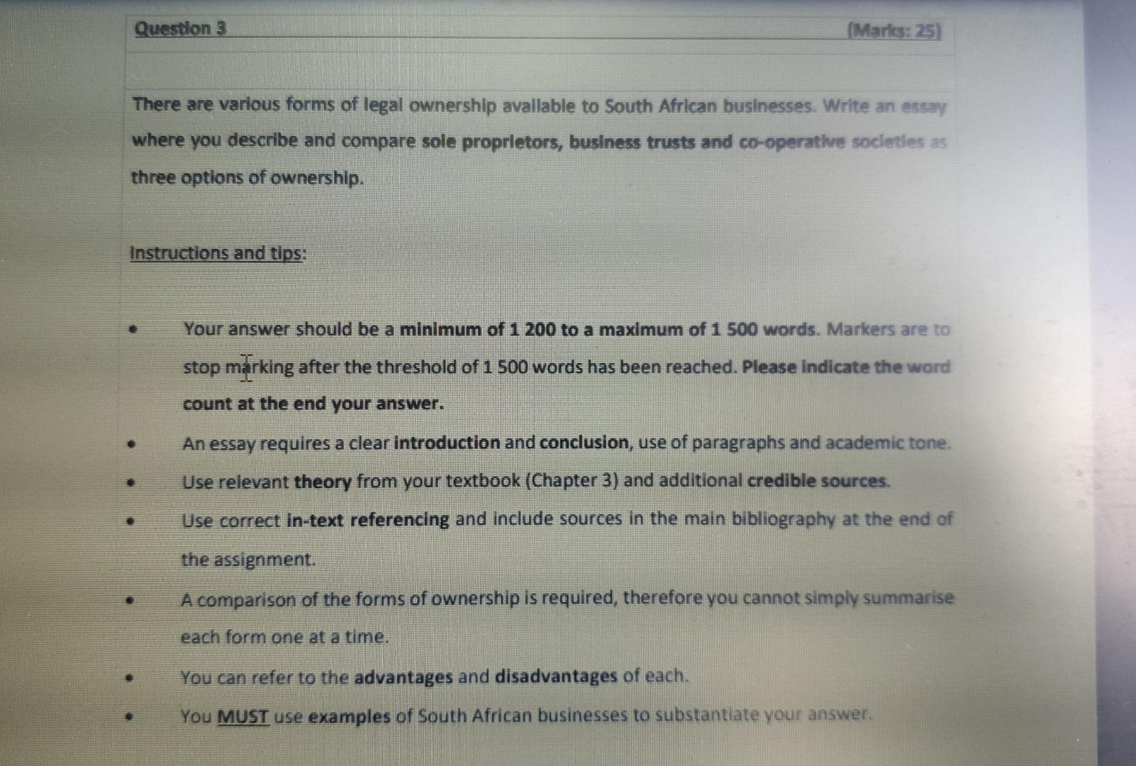 Question 3 Marks 25 There Are Various Forms Of Legal Ownership Avallable To South African Businesses Write An Essay W 1