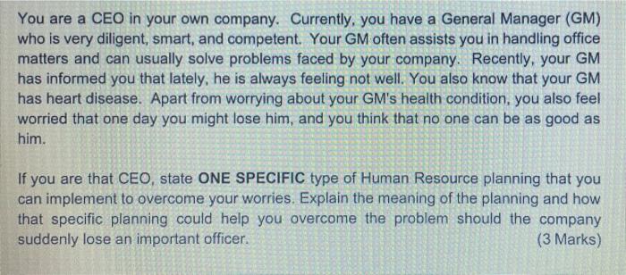 You Are A Ceo In Your Own Company Currently You Have A General Manager Gm Who Is Very Diligent Smart And Competent 1