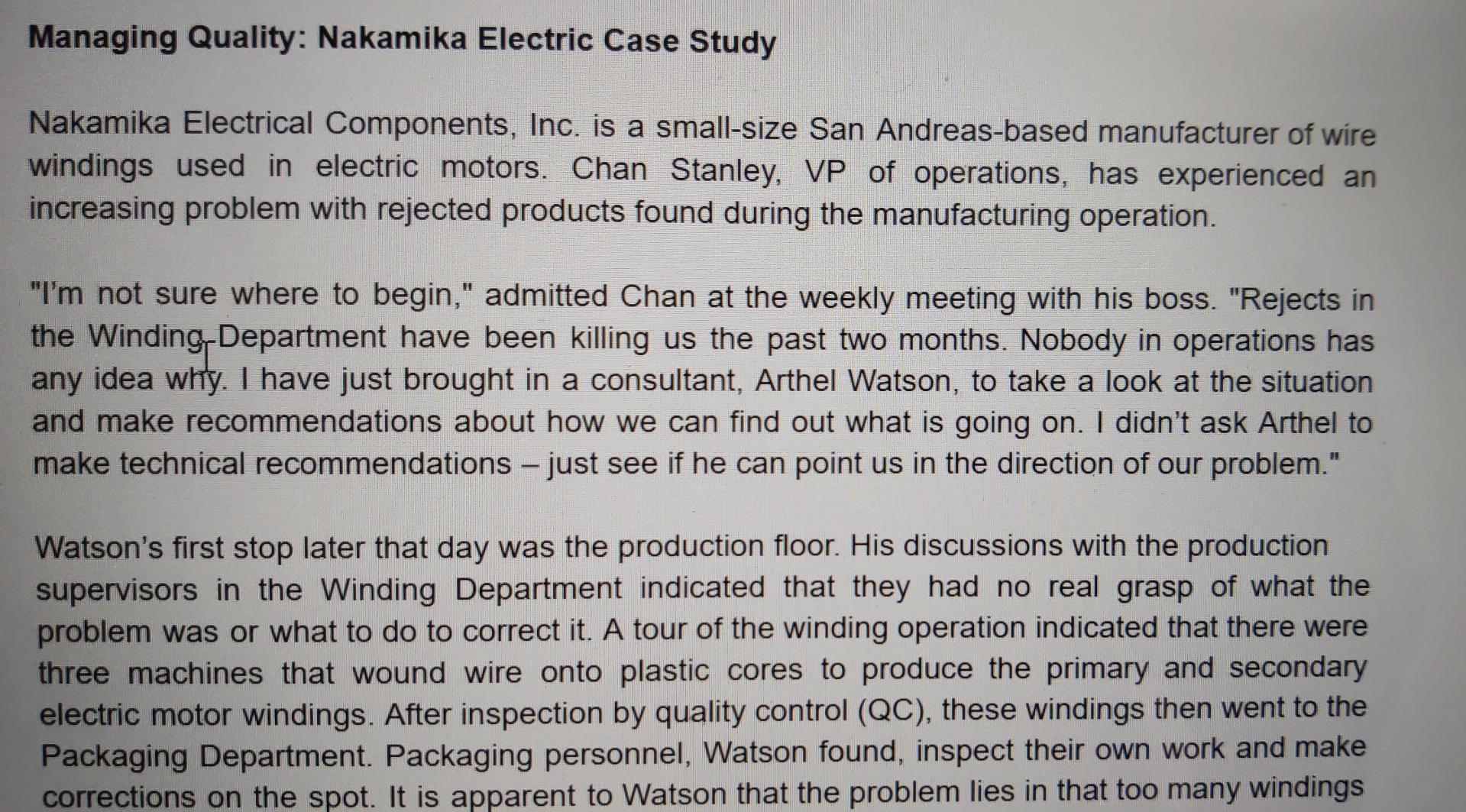 Managing Quality Nakamika Electric Case Study Nakamika Electrical Components Inc Is A Small Size San Andreas Based Ma 1