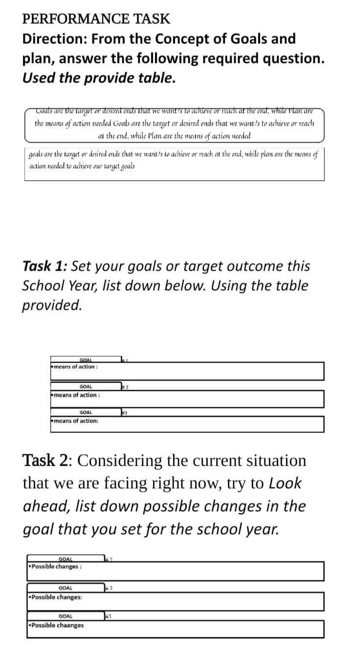 Performance Task Direction From The Concept Of Goals And Plan Answer The Following Required Question Used The Provide 1