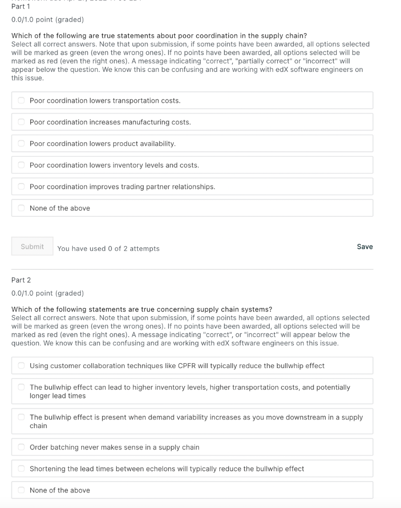 Part 1 0 0 1 0 Point Graded Which Of The Following Are True Statements About Poor Coordination In The Supply Chain Se 1