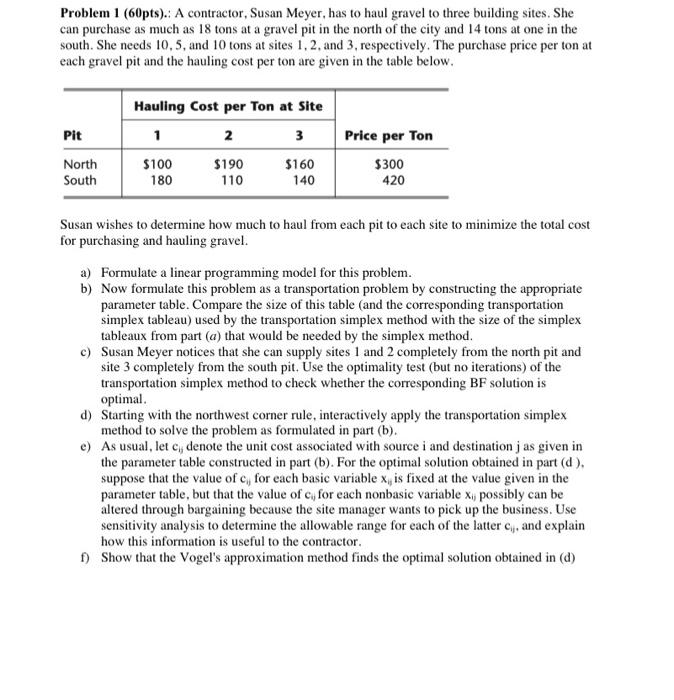 Problem 1 60pts A Contractor Susan Meyer Has To Haul Gravel To Three Building Sites She Can Purchase As Much As 1 1
