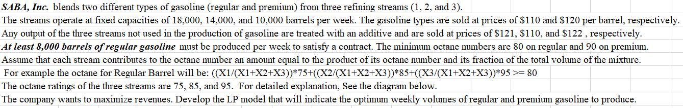 Saba Inc Blends Two Different Types Of Gasoline Regular And Premium From Three Refining Streams 1 2 And 3 The S 1