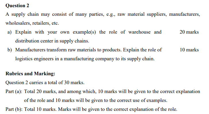 Question 2 A Supply Chain May Consist Of Many Parties E G Raw Material Suppliers Manufacturers Wholesalers Retaile 1