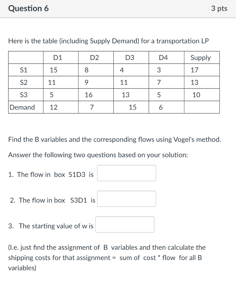 Question 6 3 Pts Here Is The Table Including Supply Demand For A Transportation Lp D1 D2 D3 D4 Supply S1 15 8 4 3 17 S 1