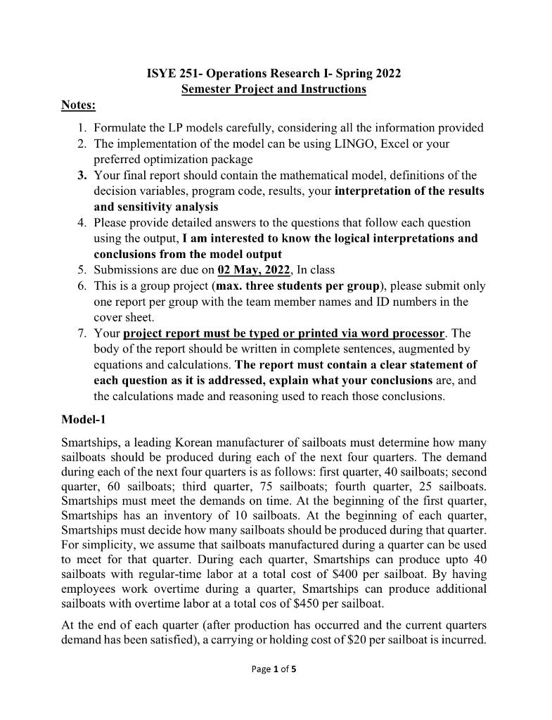 Isye 251 Operations Research I Spring 2022 Semester Project And Instructions Notes 1 Formulate The Lp Models Careful 1