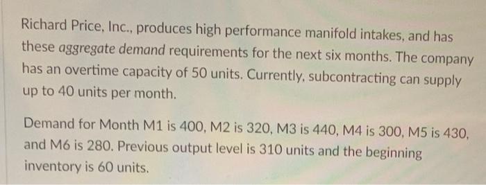 Richard Price Inc Produces High Performance Manifold Intakes And Has These Aggregate Demand Requirements For The Nex 1
