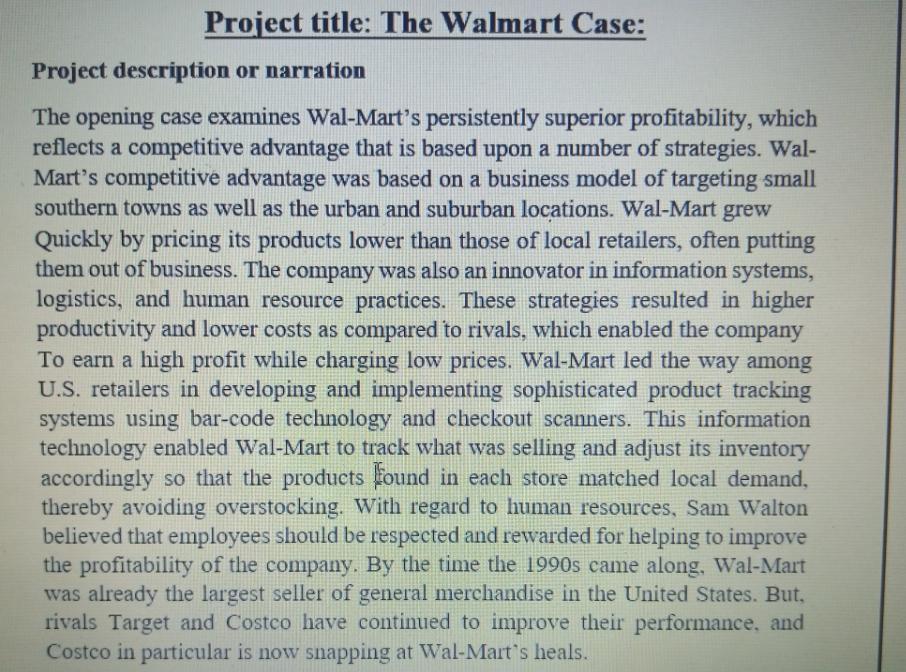 Project Title The Walmart Case Project Description Or Narration The Opening Case Examines Wal Mart S Persistently Supe 1
