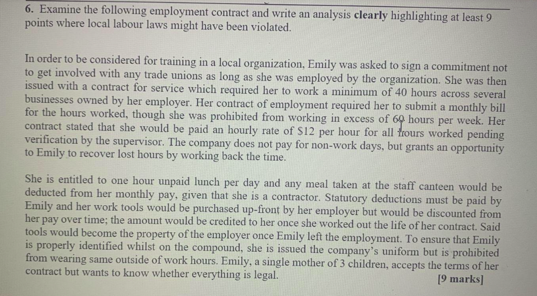 6 Examine The Following Employment Contract And Write An Analysis Clearly Highlighting At Least 9 Points Where Local La 1