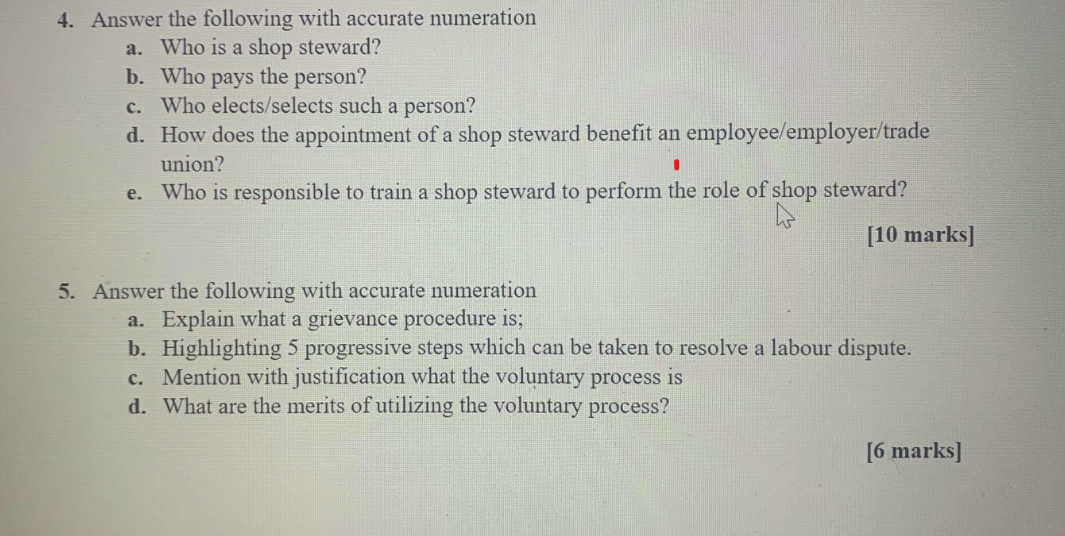 4 Answer The Following With Accurate Numeration A Who Is A Shop Steward B Who Pays The Person C Who Elects Selects 1