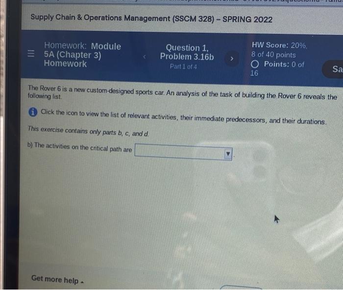 Supply Chain Operations Management Sscm 328 Spring 2022 Homework Module 5 5a Chapter 3 Homework Question 1 Pro 1