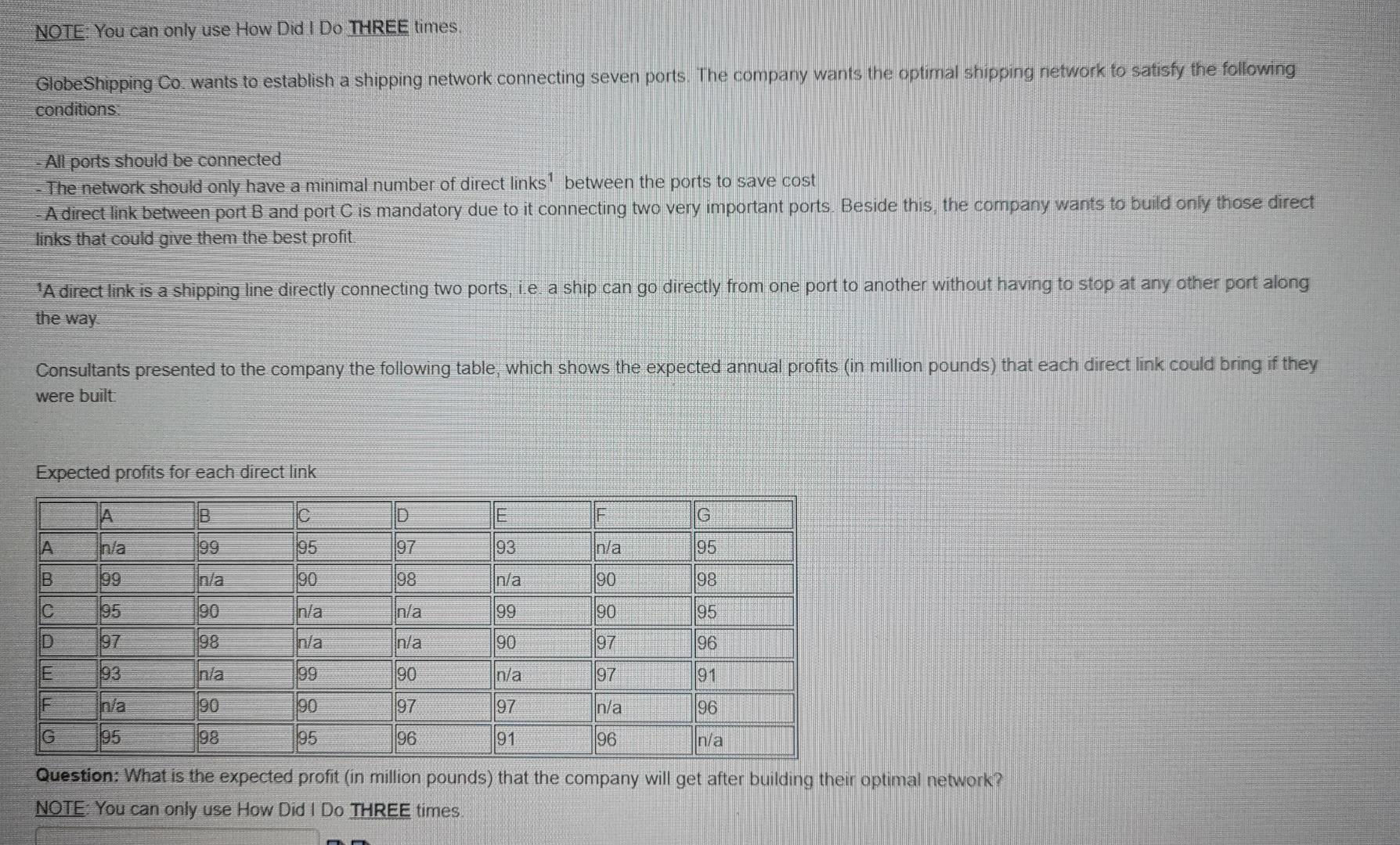 Note You Can Only Use How Did I Do Three Times Globeshipping Co Wants To Establish A Shipping Network Connecting Seven 1
