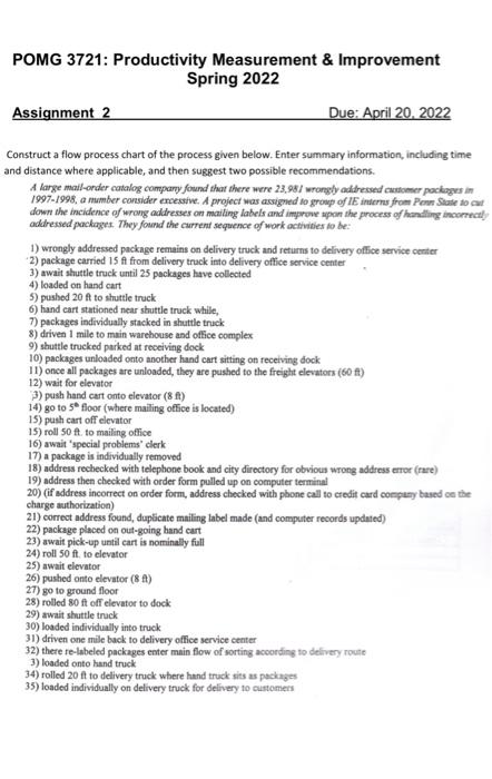 Pomg 3721 Productivity Measurement Improvement Spring 2022 Assignment 2 Due April 20 2022 Construct A Flow Process C 1
