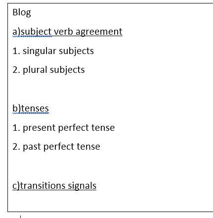 Blog A Subject Verb Agreement 1 Singular Subjects 2 Plural Subjects B Tenses 1 Present Perfect Tense 2 Past Perfect 1