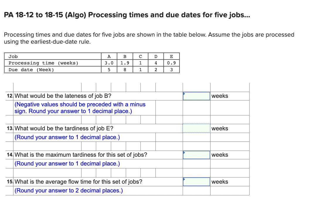 Pa 18 12 To 18 15 Algo Processing Times And Due Dates For Five Jobs Processing Times And Due Dates For Five Jobs Ar 1