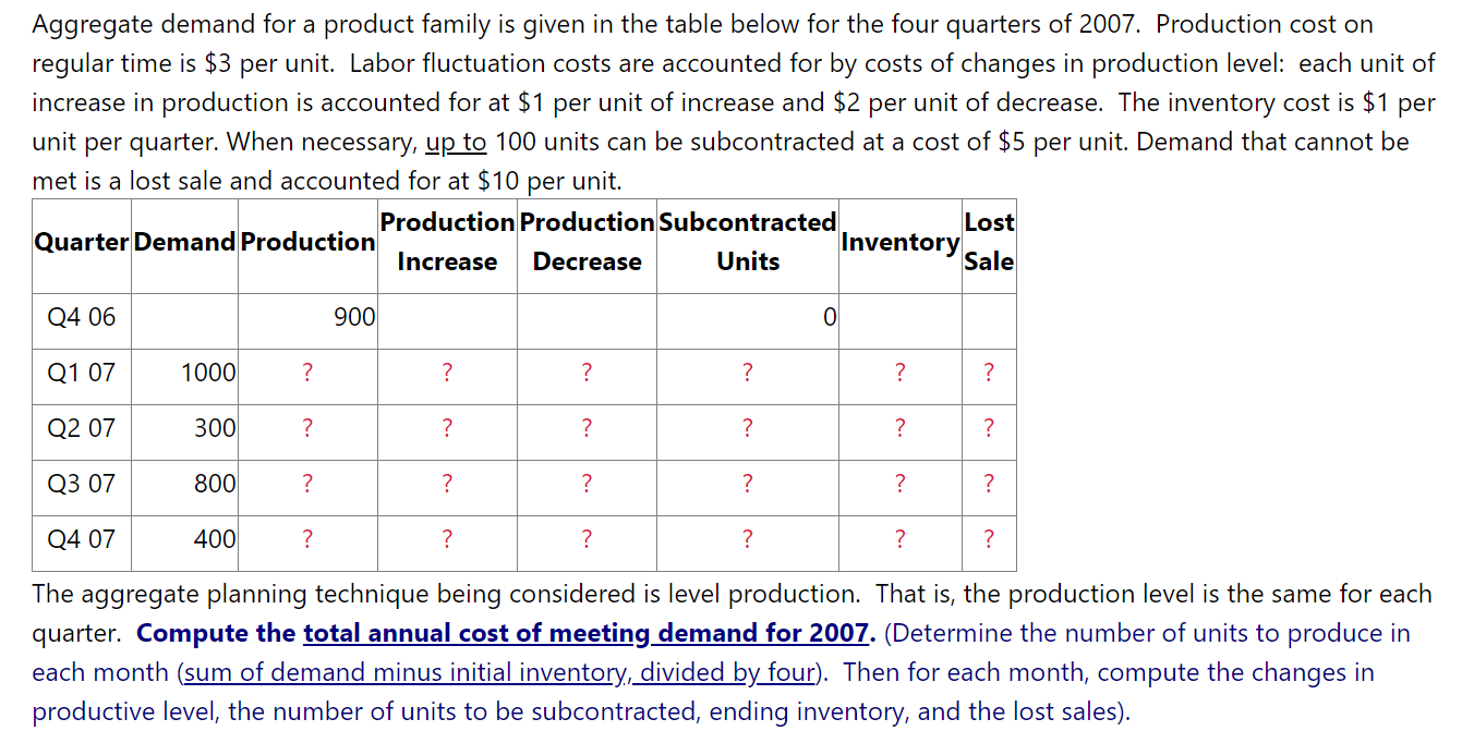 Aggregate Demand For A Product Family Is Given In The Table Below For The Four Quarters Of 2007 Production Cost On Regu 1