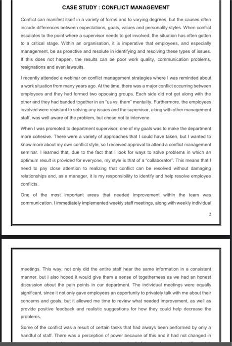 Case Study Conflict Management Conflict Can Manifest Itself In A Variety Of Forms And To Varying Degrees But The Cause 1