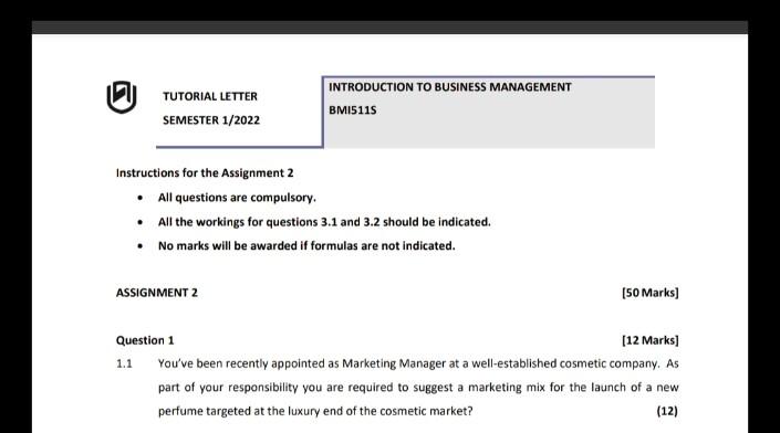 Tutorial Letter Semester 1 2022 Introduction To Business Management Bmis118 Instructions For The Assignment 2 All Ques 1
