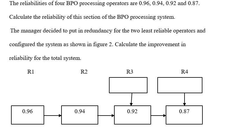 The Reliabilities Of Four Bpo Processing Operators Are 0 96 0 94 0 92 And 0 87 Calculate The Reliability Of This Sect 1