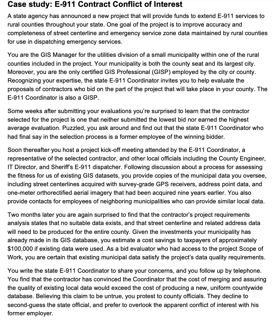 Case Study E 911 Contract Conflict Of Interest A State Agency Has Announced A New Project That Will Provide Funds To Ex 1