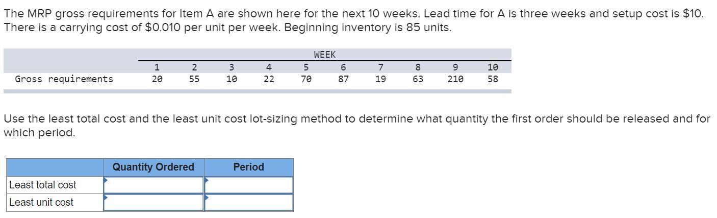 The Mrp Gross Requirements For Item A Are Shown Here For The Next 10 Weeks Lead Time For A Is Three Weeks And Setup Cos 1