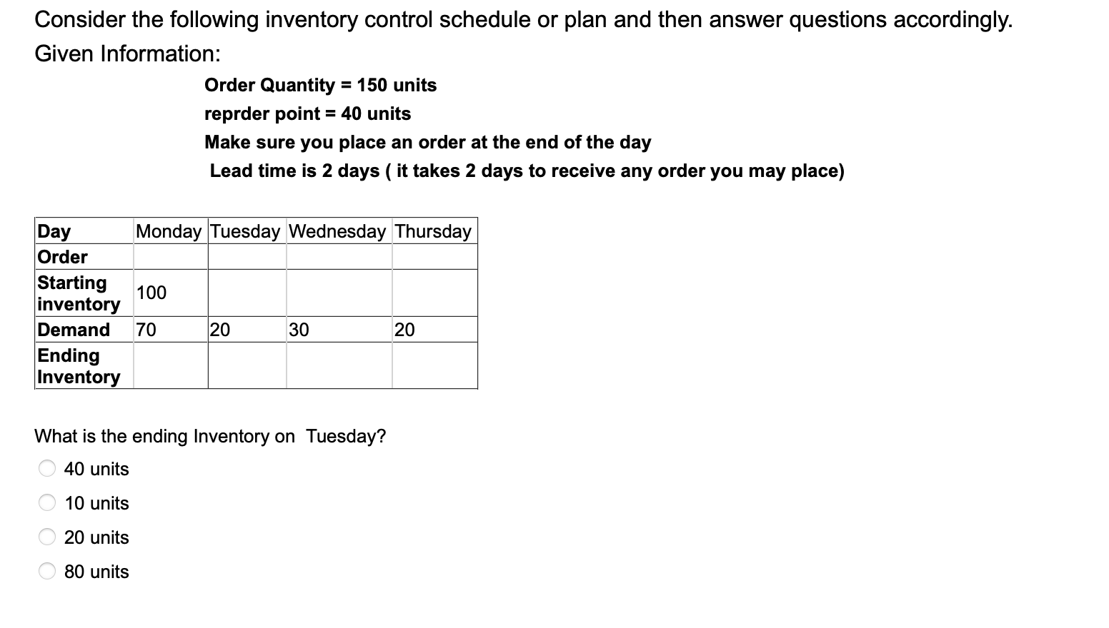 Consider The Following Inventory Control Schedule Or Plan And Then Answer Questions Accordingly Given Information Or 1