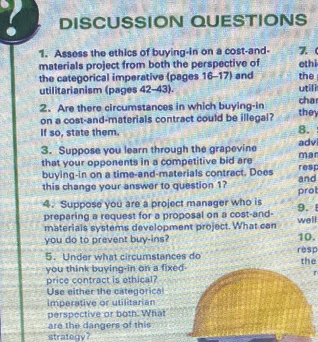 Discussion Questions Ethi The Utili Char They 8 1 Assess The Ethics Of Buying In On A Cost And Materials Project From 1