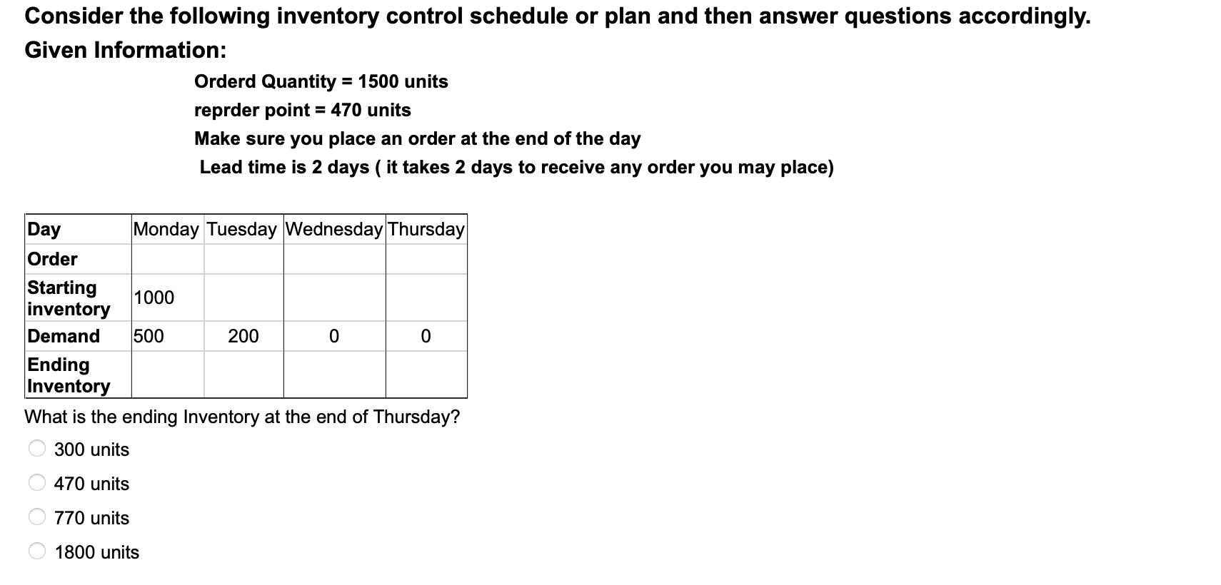 Consider The Following Inventory Control Schedule Or Plan And Then Answer Questions Accordingly Given Information Orde 1
