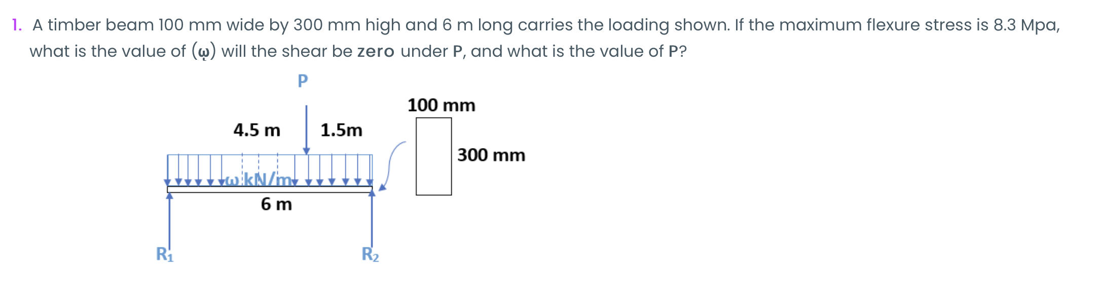 1 A Timber Beam 100 Mm Wide By 300 Mm High And 6 M Long Carries The Loading Shown If The Maximum Flexure Stress Is 8 3 1
