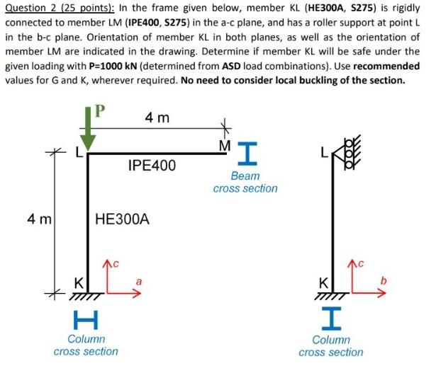 Question 2 25 Points In The Frame Given Below Member Kl He300a S275 Is Rigidly Connected To Member Lm Ipe400 S2 1