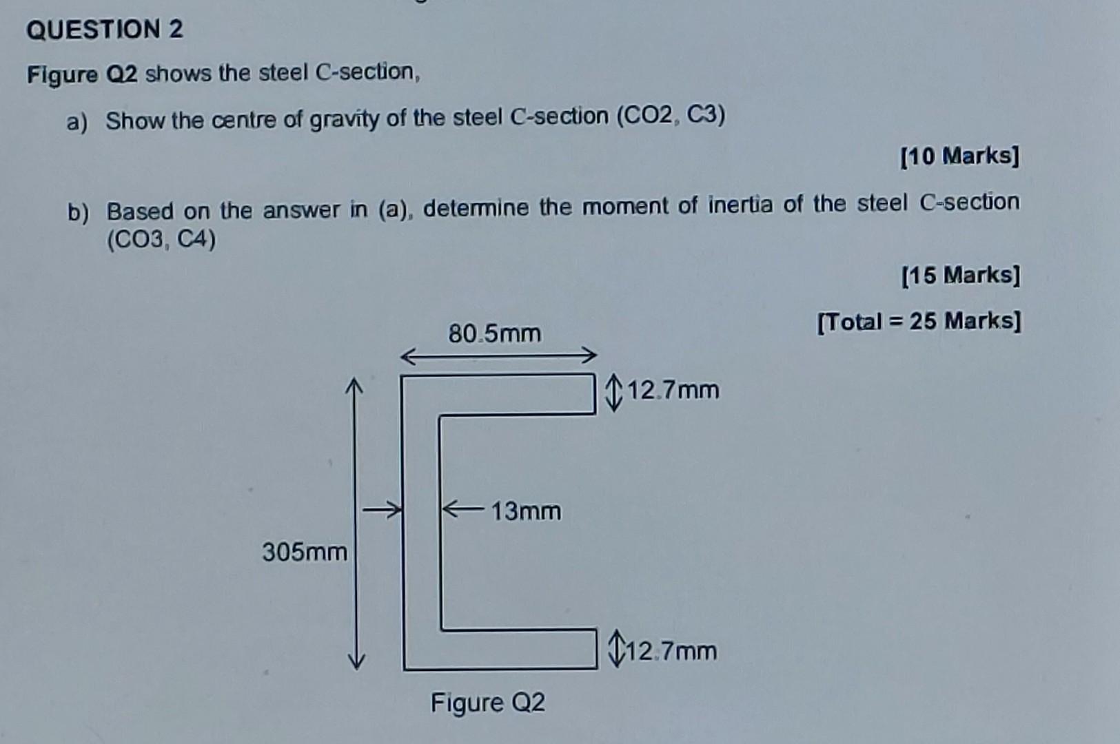 Question 2 Figure Q2 Shows The Steel C Section A Show The Centre Of Gravity Of The Steel C Section Co2 C3 10 Marks 1