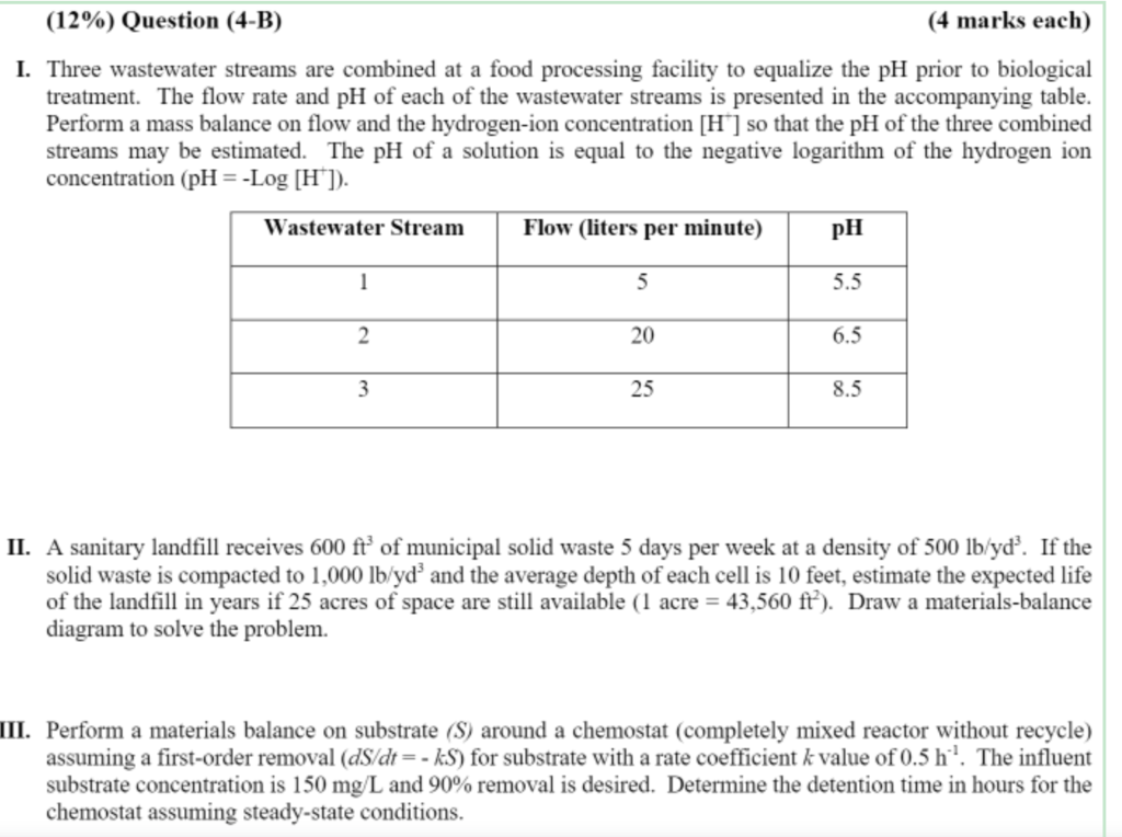 12 Question 4 B 4 Marks Each 1 Three Wastewater Streams Are Combined At A Food Processing Facility To Equalize T 1