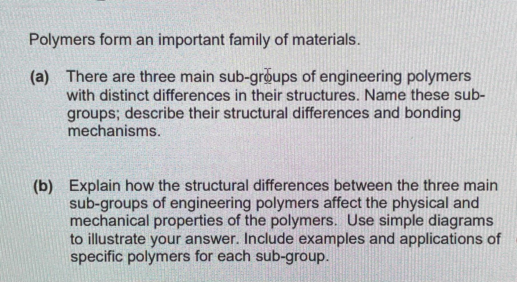 Polymers Form An Important Family Of Materials A There Are Three Main Sub Groups Of Engineering Polymers With Distinc 1