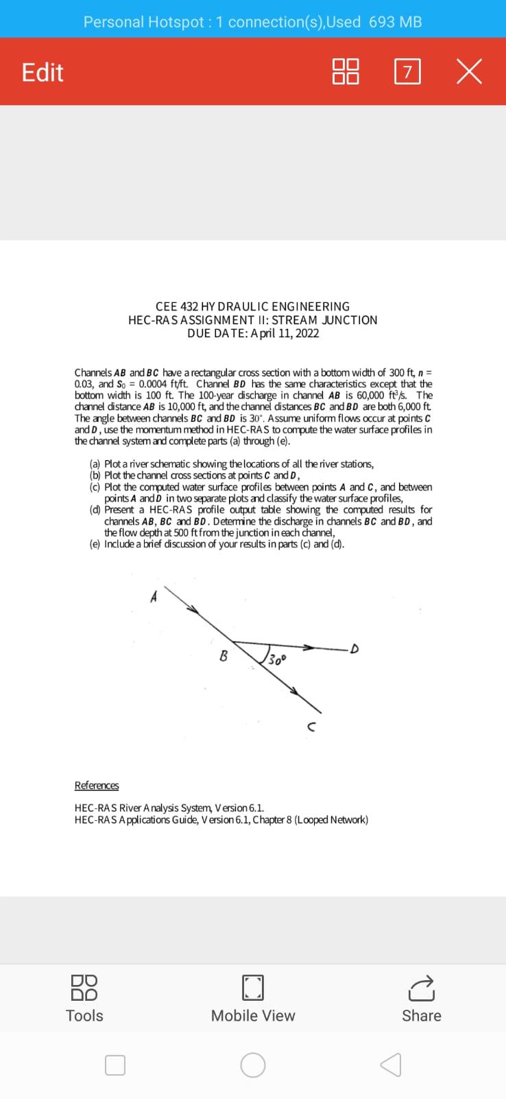 Personal Hotspot 1 Connection S Used 693 Mb Edit Bb 7 X X Cee 432 Hydraulic Engineering Hec Ras Assignment Ii Strea 1